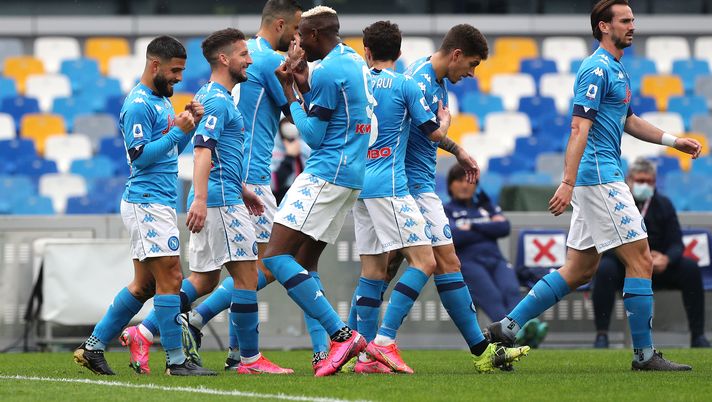 NAPLES, ITALY - APRIL 03: Lorenzo Insigne of SSC Napoli celebrates with team mate Victor Osimhen after scoring their side's first goal during the Serie A match between SSC Napoli and FC Crotone at Stadio Diego Armando Maradona on April 03, 2021 in Naples, Italy. Sporting stadiums around Italy remain under strict restrictions due to the Coronavirus Pandemic as Government social distancing laws prohibit fans inside venues resulting in games being played behind closed doors. (Photo by Francesco Pecoraro/Getty Images) 