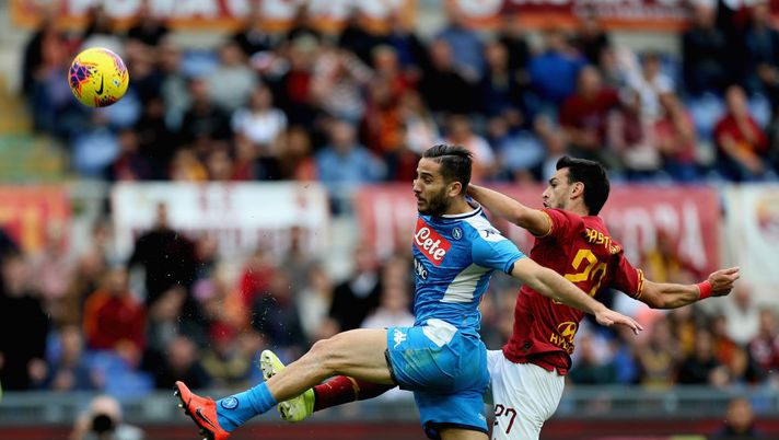 ROME, ITALY - NOVEMBER 02: Javier Pastore of AS Roma competes for the ball with Kostas Manolas of SSC Napoli during the Serie A match between AS Roma and SSC Napoli at Stadio Olimpico on November 2, 2019 in Rome, Italy. (Photo by Paolo Bruno/Getty Images) ROME, ITALY - NOVEMBER 02: Javier Pastore of AS Roma competes for the ball with Kostas Manolas of SSC Napoli during the Serie A match between AS Roma and SSC Napoli at Stadio Olimpico on November 2, 2019 in Rome, Italy. (Photo by Paolo Bruno/Getty Images)