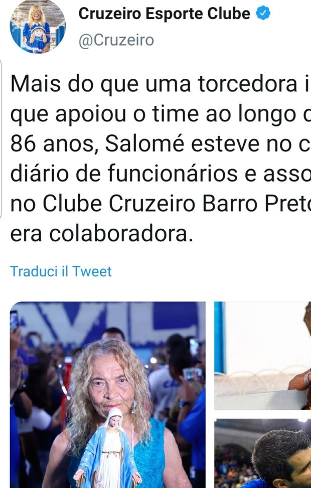 Ulteriore motivo di tristezza per il Cruzeiro retrocesso: la scomparsa della supertifosa Dona Salomè Ulteriore motivo di tristezza per il Cruzeiro retrocesso: la scomparsa della supertifosa Dona Salomè