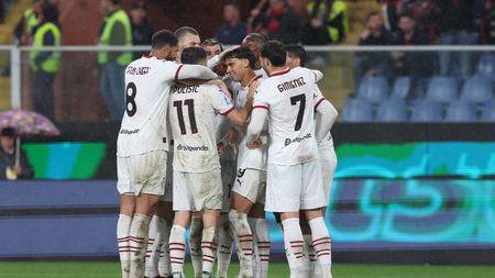GENOA, ITALY - MAY 05: Joao Felix of AC Milan celebrates with team-mates after scoring the goal during the Serie A match between Genoa and AC Milan at Stadio Luigi Ferraris on May 05, 2025 in Genoa, Italy. (Photo by Claudio Villa/AC Milan via Getty Images)