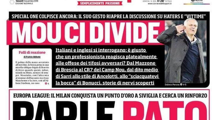 Prima Pagina, Corriere dello Sport: &#8220;Pari e Pato. Mou ci divide. Boca-River, che finale!&#8221; 