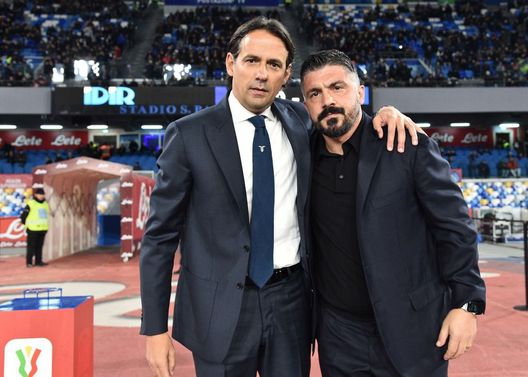 NAPLES, ITALY - JANUARY 21:  Gennaro Gattuso , Simone Inzaghi during the Coppa Italia match between SSC Napoli and SS Lazio at Stadio San Paolo on January 21, 2020 in Naples, Italy.  (Photo by SSC NAPOLI/SSC NAPOLI via Getty Images) 