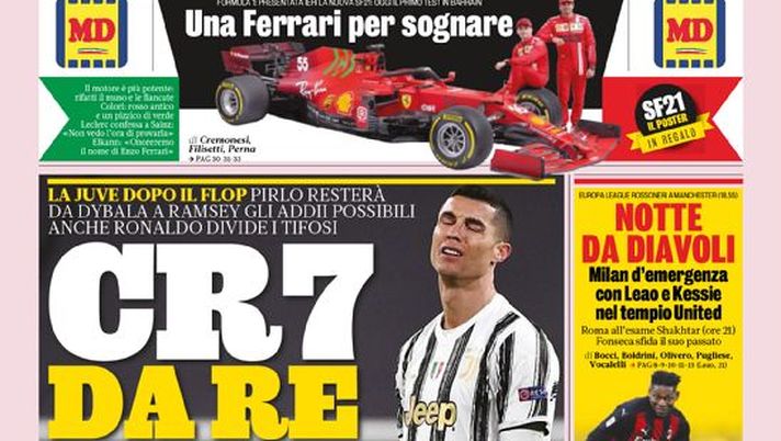 Prima Pagina, La Gazzetta dello Sport: “CR7 da re a rebus. Notte da Diavoli, Milan d’emergenza” 