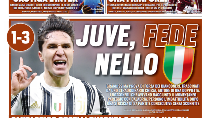 Prima Pagina, Tuttosport: “Juve, Fede nello scudetto. Fantastico Spezia! La Samp degli ex castiga l’Inter” 