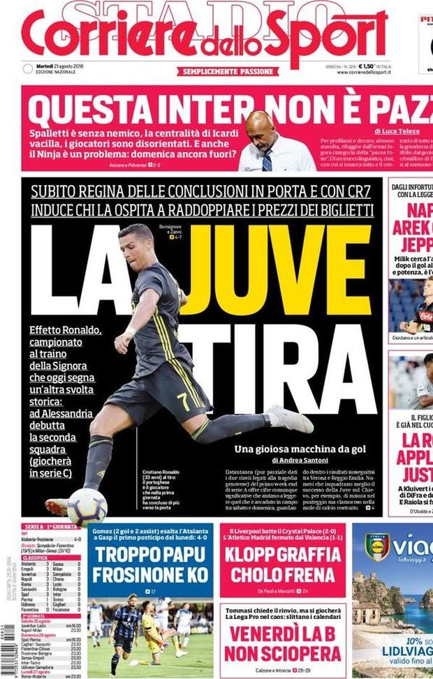 Prima Pagina, Corriere dello Sport: “La Juve tira. Questa Inter non è pazza. Arek come Jeppson. Venerdì la B non sciopera…” Prima Pagina, Corriere dello Sport: “La Juve tira. Questa Inter non è pazza. Arek come Jeppson. Venerdì la B non sciopera…”