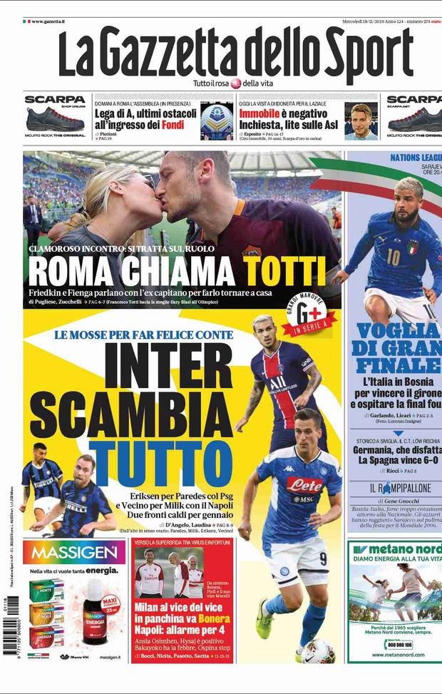 La Gazzetta dello Sport, la prima pagina di oggi, mercoledì 18 novembre 2020 
