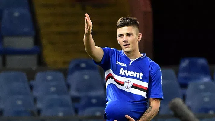 GENOA, ITALY - DECEMBER 04: Dawid Kownacki of Sampdoria celebrates after scoring the second goal of his team during the Coppa Italia match between UC Sampdoria and Spal at Stadio Luigi Ferraris on December 4, 2018 in Genoa, Italy. (Photo by Paolo Rattini/Getty Images)