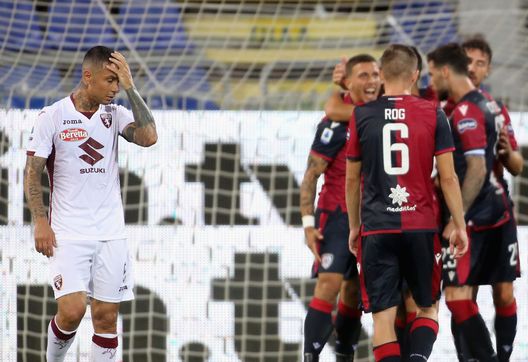  CAGLIARI, ITALY - JUNE 27: Joao Pedro of Cagliari celebrates his goal 4-2 during the Serie A match between Cagliari Calcio and Torino FC at Sardegna Arena on June 27, 2020 in Cagliari, Italy. (Photo by Enrico Locci/Getty Images) 