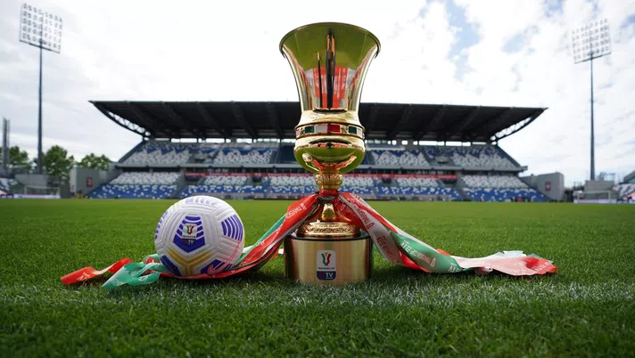 REGGIO NELL'EMILIA, ITALY - MAY 18: The Coppa Italia is seen before the TIMVISION Cup Final between Atalanta BC and Juventus at Mapei Stadium on May 18, 2021 in Reggio nell'Emilia, Italy. (Photo by Claudio Villa/Getty Images for Lega Serie A)