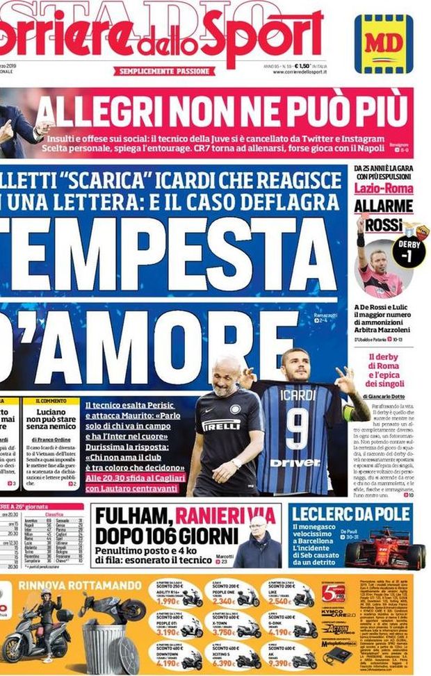 Prima Pagina, Corriere dello Sport: “Tempesta d’amore. Allegri non ne può più. Lazio-Roma, allarme rossi…” Prima Pagina, Corriere dello Sport: “Tempesta d’amore. Allegri non ne può più. Lazio-Roma, allarme rossi…”