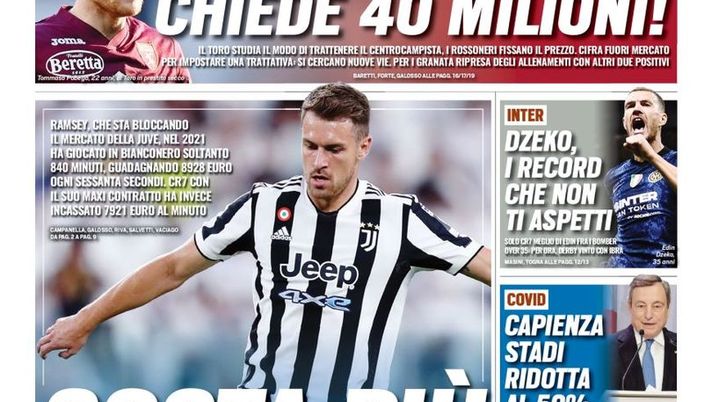 Prima Pagina, Tuttosport: “Ramsey costa più di Ronaldo” Prima Pagina, Tuttosport: “Ramsey costa più di Ronaldo” - immagine 1