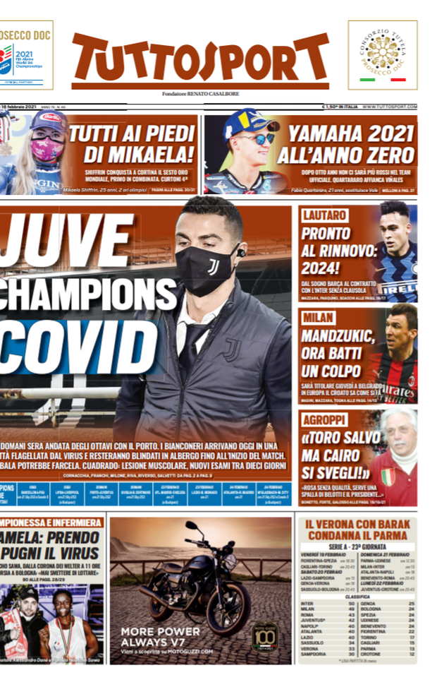 Prima Pagina, Tuttosport: “Juve, Champions Covid. Lautaro pronto al rinnovo”  Prima Pagina, Tuttosport: “Juve, Champions Covid. Lautaro pronto al rinnovo”