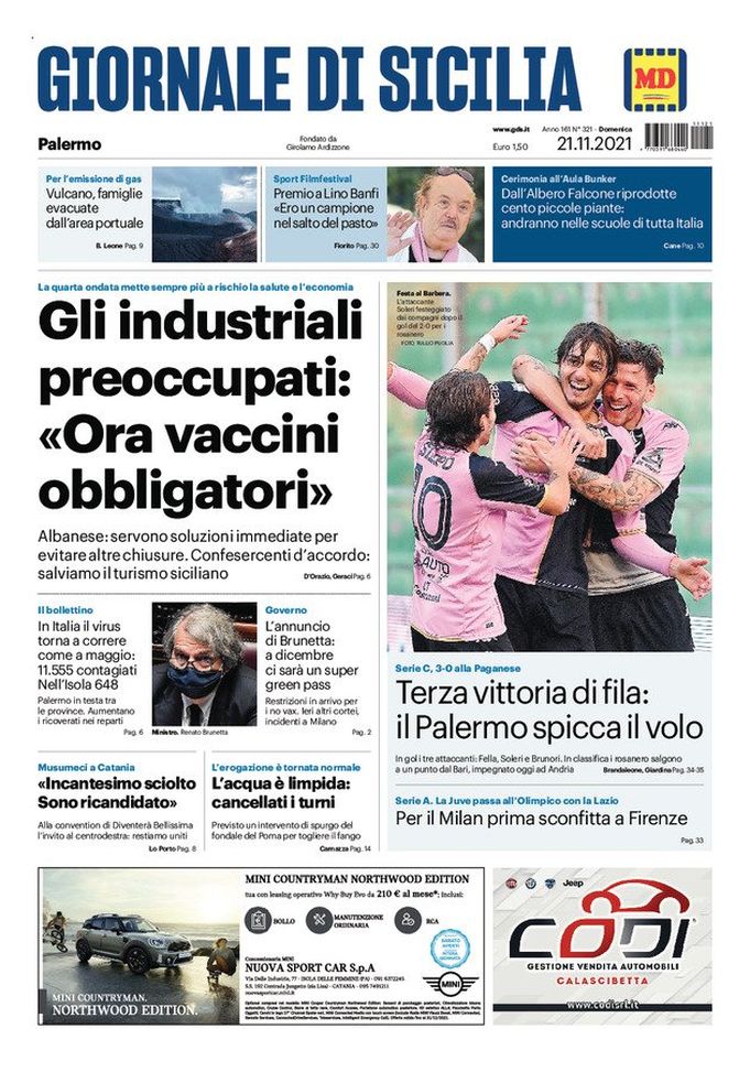Prima Pagina, Giornale di Sicilia: “Il Palermo spicca il volo” 