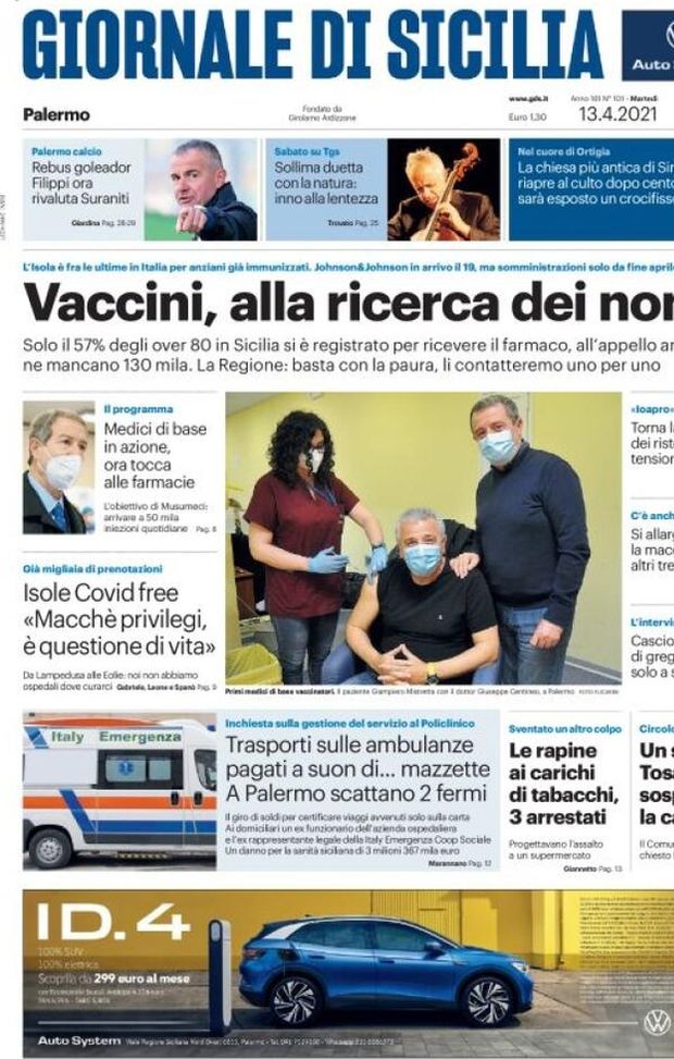 Prima Pagina, Giornale di Sicilia: “Rebus goleador, Filippi ora rivaluta Saraniti. Vaccini, alla ricerca dei nonni”  Prima Pagina, Giornale di Sicilia: “Rebus goleador, Filippi ora rivaluta Saraniti. Vaccini, alla ricerca dei nonni”