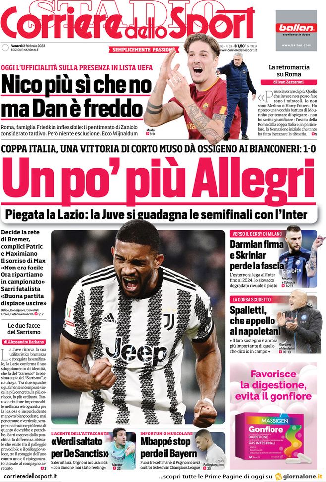 Prima pagina Corriere dello Sport 03-03-2023