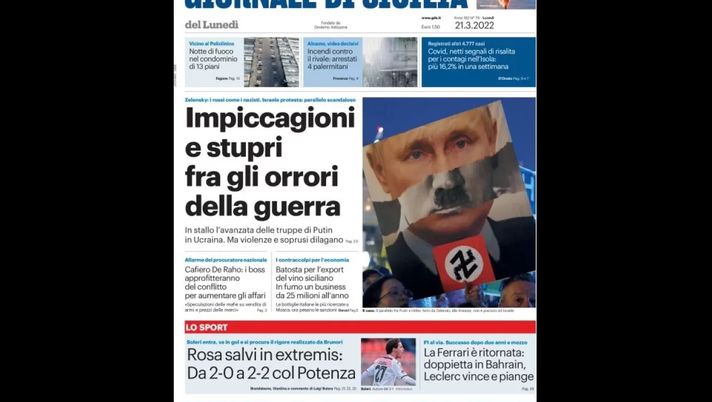 Prima Pagina, Giornale di Sicilia: “Impiccagioni e stupri, gli orrori della guerra”  Prima Pagina, Giornale di Sicilia: “Impiccagioni e stupri, gli orrori della guerra”