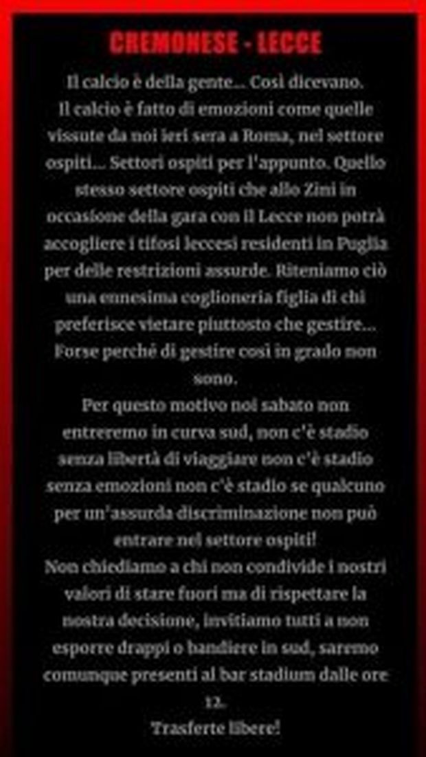Cremonese, i tifosi leccesi non entrano: e allora nemmeno noi…- immagine 2
