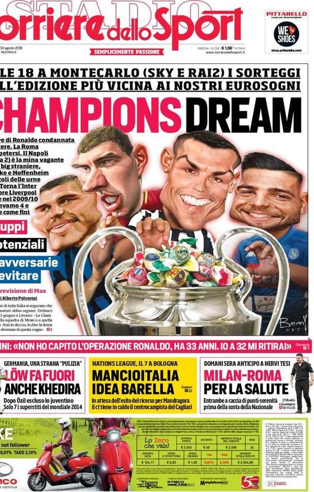 Prima Pagina, Corriere dello Sport: “Champions dream. Germania, una strana pulizia. MancioItalia, idea Barella. Milan-Roma…” Prima Pagina, Corriere dello Sport: “Champions dream. Germania, una strana pulizia. MancioItalia, idea Barella. Milan-Roma…”