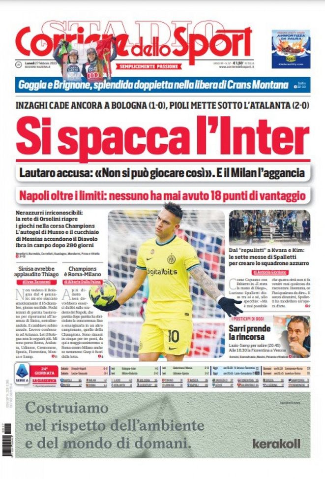 EDICOLA CdS – Si spacca l’Inter, Inzaghi cade ancora: nerazzurri irriconoscibili - immagine 1