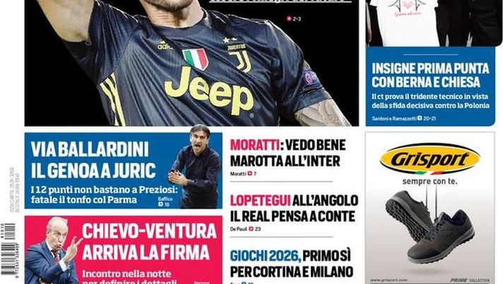 Prima Pagina, Corriere dello Sport: “Allenerò la Juve. Carlo sposa Napoli. Genova carezza azzurra. Lopetegui all’angolo…” 