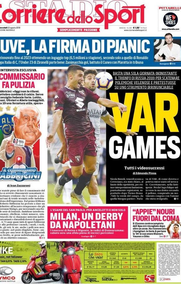 Prima Pagina, Corriere dello Sport: “Var games. Juve, la firma di Pjanic. Milan, un derby da napoletani…” Prima Pagina, Corriere dello Sport: “Var games. Juve, la firma di Pjanic. Milan, un derby da napoletani…”