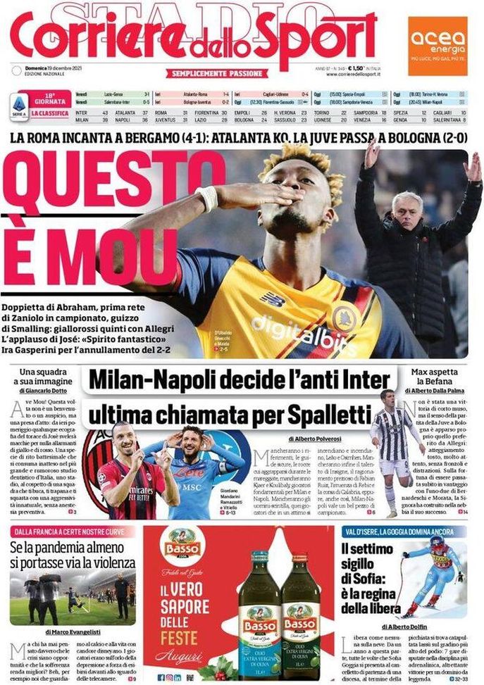 Il Corriere dello Sport, la prima pagina di oggi, domenica 19 dicembre 2021