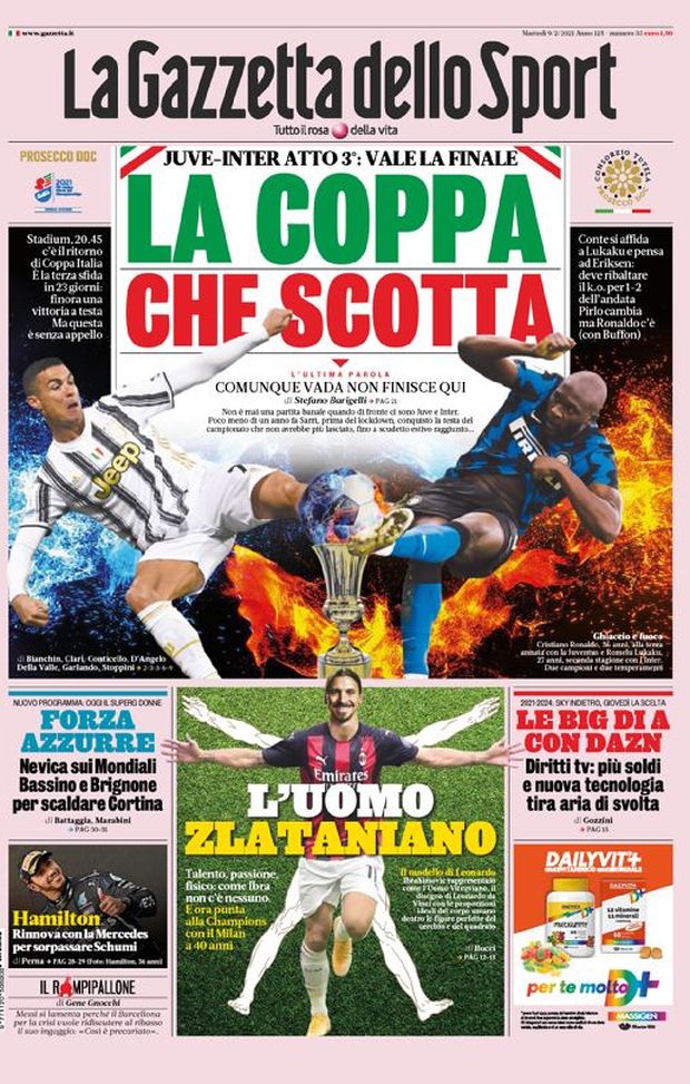 Prima Pagina, La Gazzetta dello Sport: “La Coppa che scotta. Juve-Inter atto 3°. L’uomo Zlataniano” 