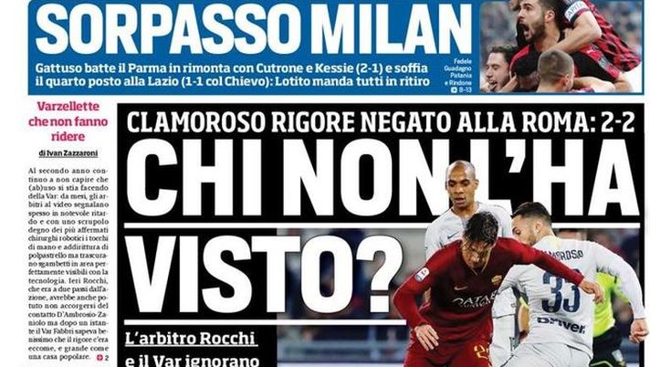 Prima Pagina, Corriere dello Sport: “Chi non l’ha visto? Sorpasso Milan. Eurosorteggio, Mancio benedetto…” 