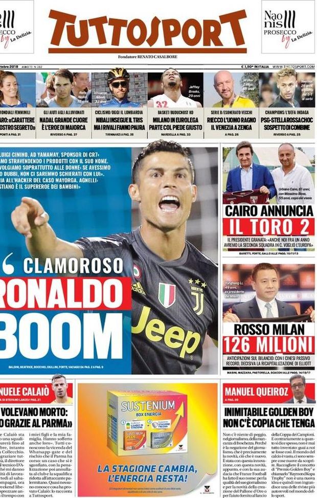 Prima Pagina, Tuttosport: “Ronaldo boom. Calaiò: ‘Mi volevano morto’. PSG-Stella Rossa choc. Rosso Milan, 126 milioni…” Prima Pagina, Tuttosport: “Ronaldo boom. Calaiò: ‘Mi volevano morto’. PSG-Stella Rossa choc. Rosso Milan, 126 milioni…”