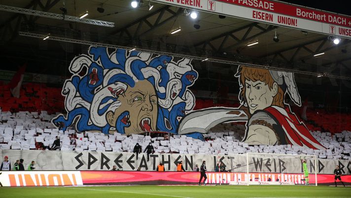 BERLIN, GERMANY - NOVEMBER 02: Union Berlin fans show their support prior to the Bundesliga match between 1. FC Union Berlin and Hertha BSC at Stadion An der Alten Foersterei on November 02, 2019 in Berlin, Germany. (Photo by Maja Hitij/Bongarts/Getty Images) BERLIN, GERMANY - NOVEMBER 02: Union Berlin fans show their support prior to the Bundesliga match between 1. FC Union Berlin and Hertha BSC at Stadion An der Alten Foersterei on November 02, 2019 in Berlin, Germany. (Photo by Maja Hitij/Bongarts/Getty Images)