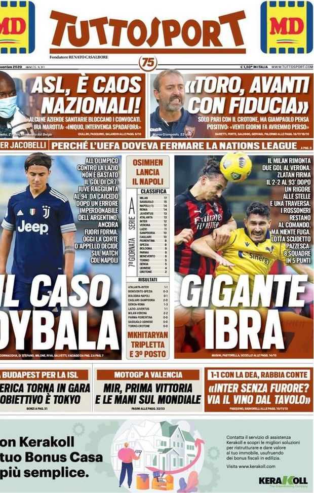 Tuttosport, la prima pagina di oggi, lunedì 9 novembre 2020 Tuttosport, la prima pagina di oggi, lunedì 9 novembre 2020