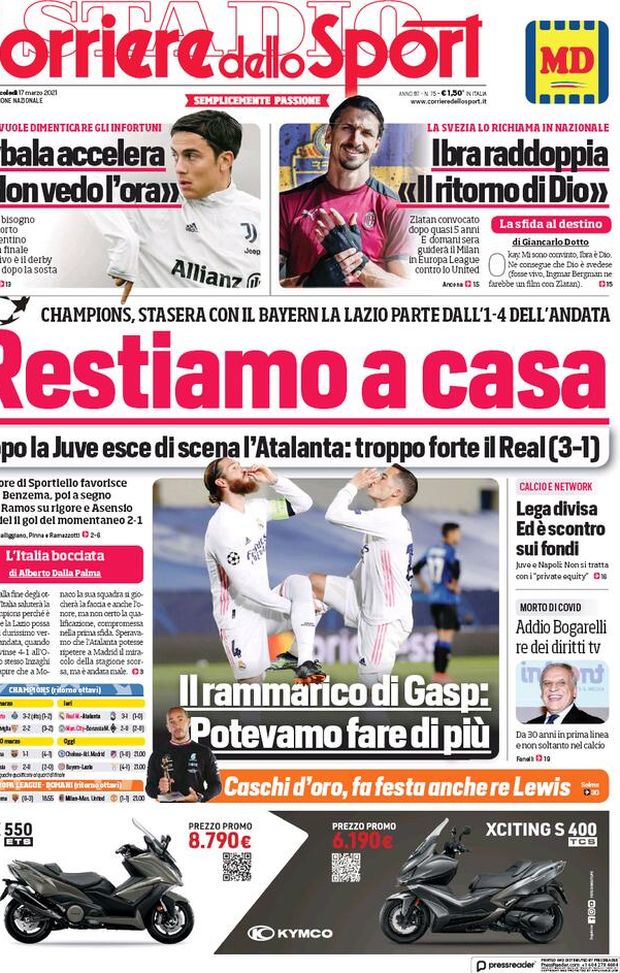 Il Corriere dello Sport, la prima pagina di oggi, mercoledì 17 marzo 2021 Il Corriere dello Sport, la prima pagina di oggi, mercoledì 17 marzo 2021
