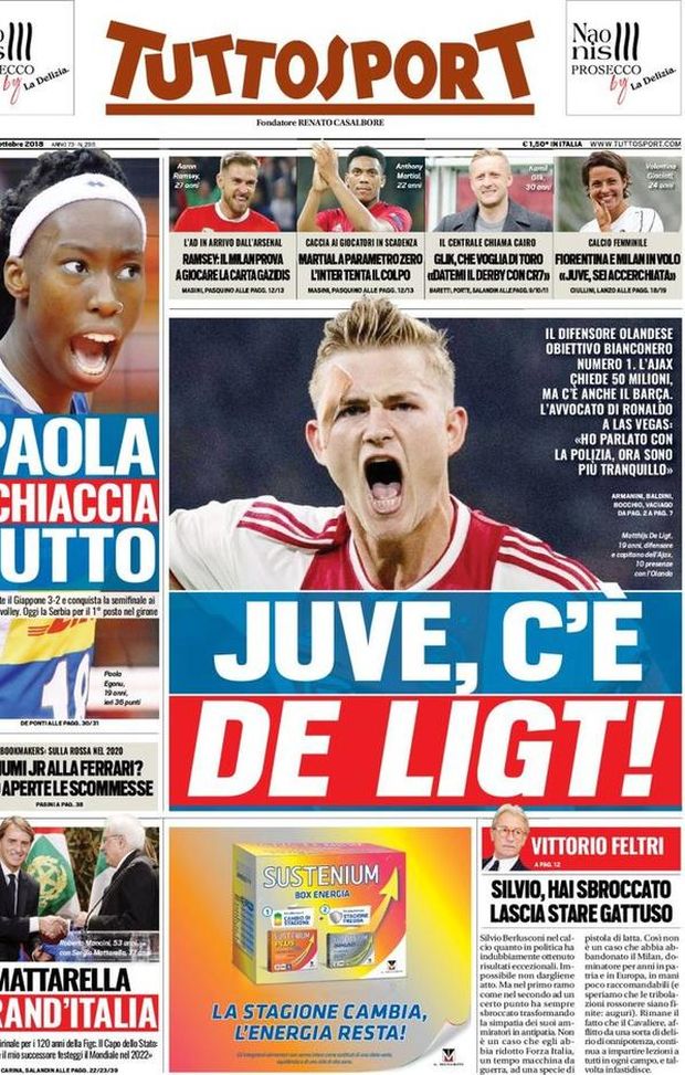 Prima Pagina, Tuttosport: “Juve, c’è De Ligt! Ramsey, il Milan prova la carta Gazidis. Martial, l’Inter…” Prima Pagina, Tuttosport: “Juve, c’è De Ligt! Ramsey, il Milan prova la carta Gazidis. Martial, l’Inter…”