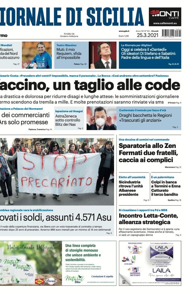 Prima Pagina, Giornale di Sicilia: “Vaccino, un taglio alle code. L’Irlanda del Nord al debutto azzurro” 