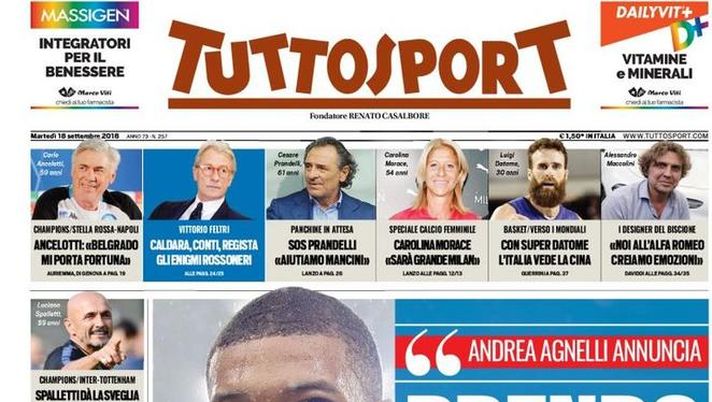 Prima Pagina, Tuttosport: “Agnelli: ‘Prendo un CR7 giovane’. Spalletti dà la sveglia. Petagna spietato, Spal seconda…” Prima Pagina, Tuttosport: “Agnelli: ‘Prendo un CR7 giovane’. Spalletti dà la sveglia. Petagna spietato, Spal seconda…”