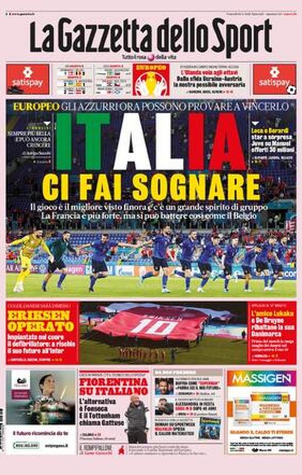 Prima Pagina, La Gazzetta dello Sport: “Italia, ci fai sognare. Eriksen operato” 