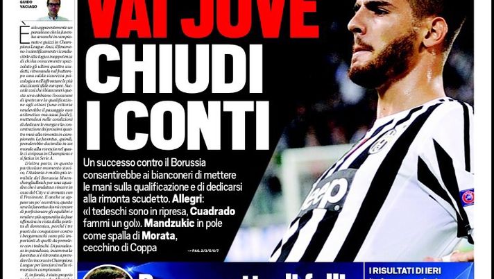 Prima Pagina, Tuttosport: “Vai Juve, chiudi i conti contro il Borussia. Roma, notte di follie. Napoli, ecco il segreto di Sarri. Scommessopoli, Conte e l’udienza del 18 febbraio” 