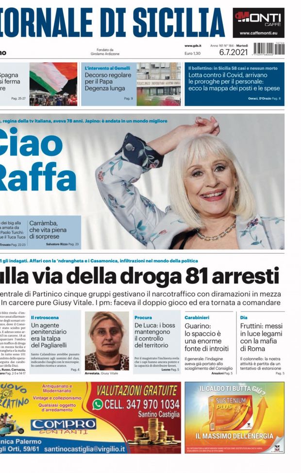 Prima Pagina, Giornale di Sicilia: “Ciao Raffa. L’Italia si ferma per tifare” Prima Pagina, Giornale di Sicilia: “Ciao Raffa. L’Italia si ferma per tifare”
