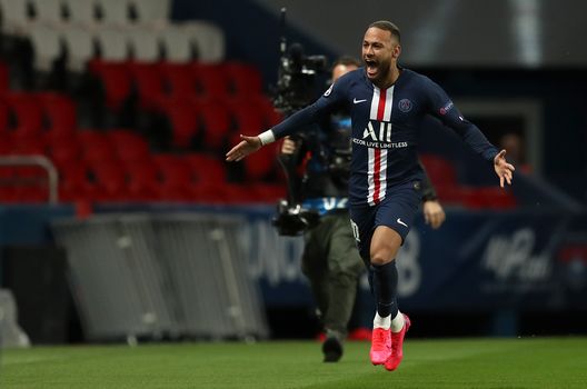 PARIS, FRANCE - MARCH 11: (FREE FOR EDITORIAL USE) In this handout image provided by UEFA, Neymar of Paris Saint-Germain celebrates after scoring his team's first goal during the UEFA Champions League round of 16 second leg match between Paris Saint-Germain and Borussia Dortmund at Parc des Princes on March 11, 2020 in Paris, France. The match is played behind closed doors as a precaution against the spread of COVID-19 (Coronavirus). (Photo by UEFA - Handout/UEFA via Getty Images) PARIS, FRANCE - MARCH 11: (FREE FOR EDITORIAL USE) In this handout image provided by UEFA, Neymar of Paris Saint-Germain celebrates after scoring his team's first goal during the UEFA Champions League round of 16 second leg match between Paris Saint-Germain and Borussia Dortmund at Parc des Princes on March 11, 2020 in Paris, France. The match is played behind closed doors as a precaution against the spread of COVID-19 (Coronavirus). (Photo by UEFA - Handout/UEFA via Getty Images)