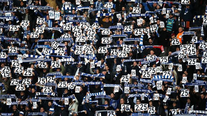 BERLIN, GERMANY - FEBRUARY 08: Fans show their support for Jordan Torunarigha of Herta BSC prior to the Bundesliga match between Hertha BSC and 1. FSV Mainz 05 at Olympiastadion on February 08, 2020 in Berlin, Germany. (Photo by Maja Hitij/Bongarts/Getty Images) 
