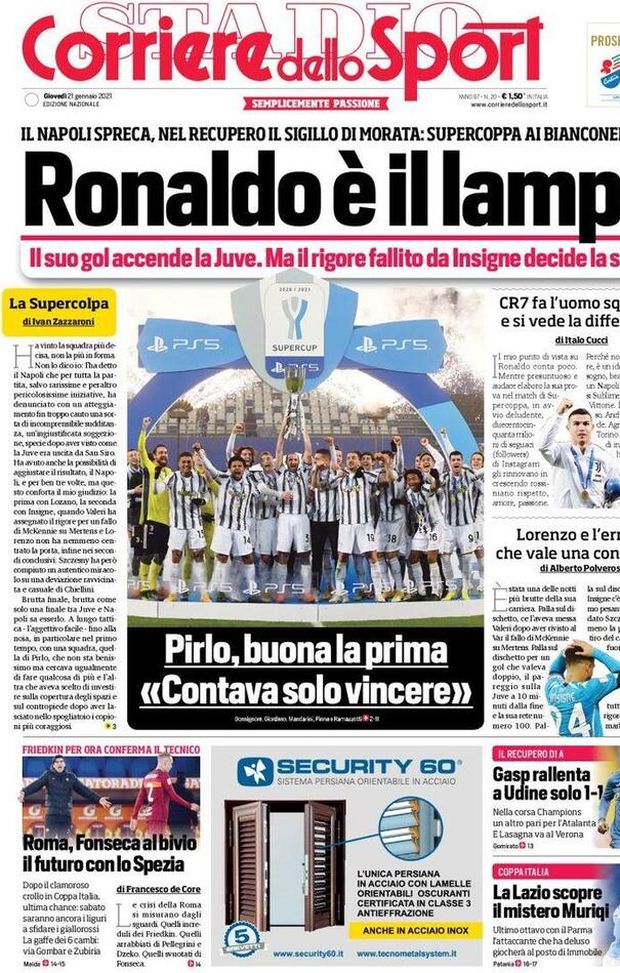 Prima Pagina, Corriere dello Sport: “Ronaldo è il lampo, il Napoli spreca. Roma, Fonseca al bivio” 