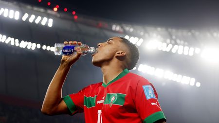 DOHA, QATAR - DECEMBER 17: Abdelhamid Sabiri of Morocco takes a drink prior to the FIFA World Cup Qatar 2022 3rd Place match between Croatia and Morocco at Khalifa International Stadium on December 17, 2022 in Doha, Qatar. (Photo by Alex Pantling/Getty Images) Sabiri