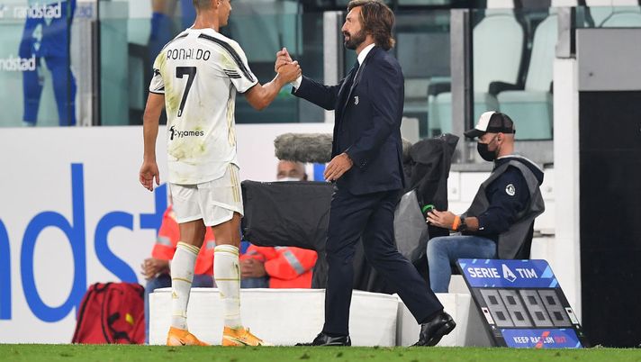 TURIN, ITALY - SEPTEMBER 20: Cristiano Ronaldo (L) and Juventus head coach Andrea Pirlo celebrate victory at the end of the Serie A match between Juventus and UC Sampdoria at Allianz Stadium on September 20, 2020 in Turin, Italy. Photo by Valerio Pennicino/Getty Images) (Photo by Valerio Pennicino/Juventus FC via Getty Images) TURIN, ITALY - SEPTEMBER 20: Cristiano Ronaldo (L) and Juventus head coach Andrea Pirlo celebrate victory at the end of the Serie A match between Juventus and UC Sampdoria at Allianz Stadium on September 20, 2020 in Turin, Italy. Photo by Valerio Pennicino/Getty Images) (Photo by Valerio Pennicino/Juventus FC via Getty Images)