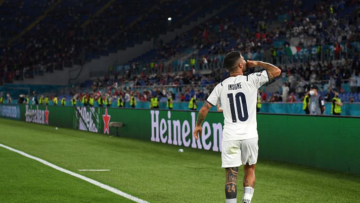 ROME, ITALY - JUNE 11: Lorenzo Insigne of Italy celebrates after scoring their side's third goal during the UEFA Euro 2020 Championship Group A match between Turkey and Italy at the Stadio Olimpico on June 11, 2021 in Rome, Italy. (Photo by Mike Hewitt/Getty Images) 