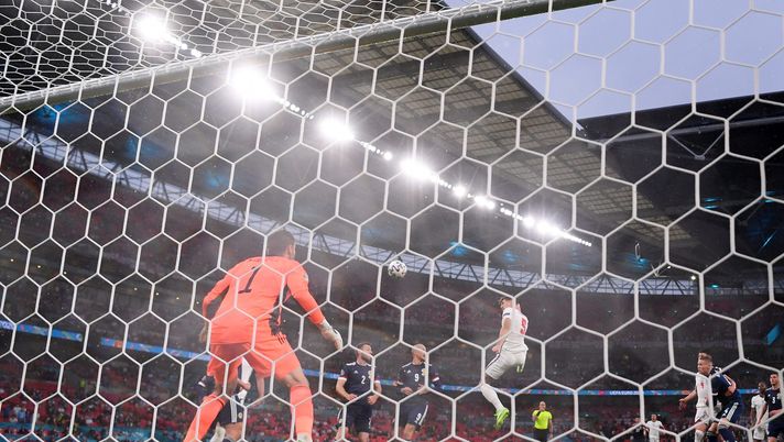 LONDON, ENGLAND - JUNE 18: John Stones of England hits the post from a header as David Marshall of Scotland looks on during the UEFA Euro 2020 Championship Group D match between England and Scotland at Wembley Stadium on June 18, 2021 in London, England. (Photo by Laurence Griffiths/Getty Images) LONDON, ENGLAND - JUNE 18: John Stones of England hits the post from a header as David Marshall of Scotland looks on during the UEFA Euro 2020 Championship Group D match between England and Scotland at Wembley Stadium on June 18, 2021 in London, England. (Photo by Laurence Griffiths/Getty Images)