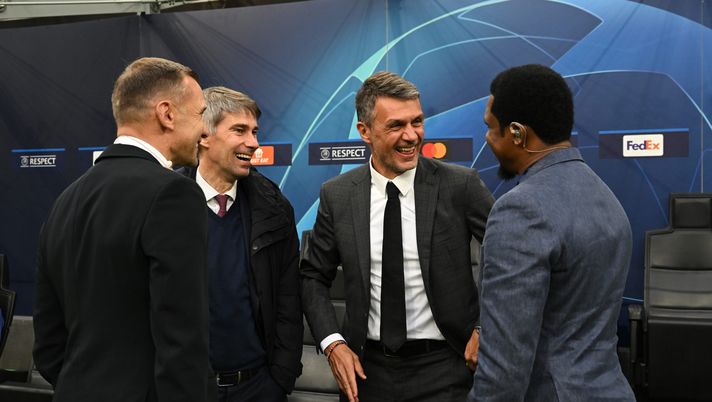 MILAN, ITALY - MAY 10: Andrij Shevchenko ,Paolo Maldini , Samuel Eto and Frederic Massara of AC Milan attend before the UEFA Champions League semi-final first leg match between AC Milan and FC Internazionale at San Siro on May 10, 2023 in Milan, Italy. (Photo by Claudio Villa/AC Milan via Getty Images) Milan, individuato già l’erede di Giroud: viene dalla Premier - immagine 1