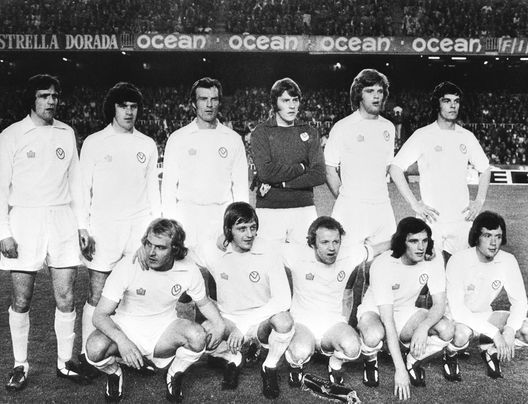 Leeds United line up for a team photograph before the semi-final of the European Cup against Barcelona, 29th April 1975. From left to right, back row, Norman Hunter, Peter Lorimer, Paul Madeley, David Stewart, Gordon McQueen, Joe Jordan. Left to right, front row, Terry Yorath, Allan Clarke, Billy Bremner, Frank Gray and Trevor Cherry. (Photo by Keystone/Getty Images) Leeds United line up for a team photograph before the semi-final of the European Cup against Barcelona, 29th April 1975. From left to right, back row, Norman Hunter, Peter Lorimer, Paul Madeley, David Stewart, Gordon McQueen, Joe Jordan. Left to right, front row, Terry Yorath, Allan Clarke, Billy Bremner, Frank Gray and Trevor Cherry. (Photo by Keystone/Getty Images)