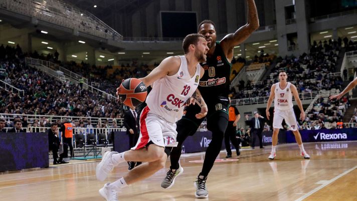ATHENS, GREECE - MARCH 05: Deshaun Thomas, #0 of Panathinaikos Opap Athens competes with Janis Strelnieks, #13 of CSKA Moscow during the 2019/2020 Turkish Airlines EuroLeague Regular Season Round 28 match between Panathinaikos Opap Athens and CSKA Moscow at OAKA on March 05, 2020 in Athens, Greece. (Photo by Panagiotis Moschandreou/Euroleague Basketball via Getty Images) ATHENS, GREECE - MARCH 05: Deshaun Thomas, #0 of Panathinaikos Opap Athens competes with Janis Strelnieks, #13 of CSKA Moscow during the 2019/2020 Turkish Airlines EuroLeague Regular Season Round 28 match between Panathinaikos Opap Athens and CSKA Moscow at OAKA on March 05, 2020 in Athens, Greece. (Photo by Panagiotis Moschandreou/Euroleague Basketball via Getty Images)