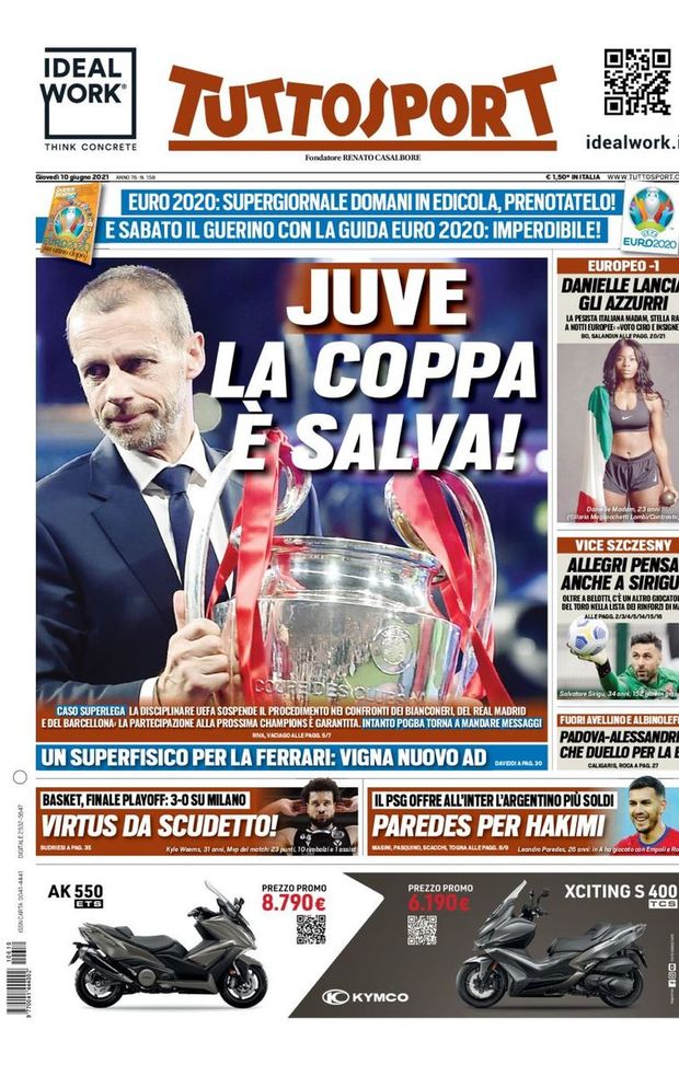 Prima Pagina, Tuttosport: “Juve, la Coppa è salva! Allegri pensa a Sirigu. Paredes per Hakimi” 