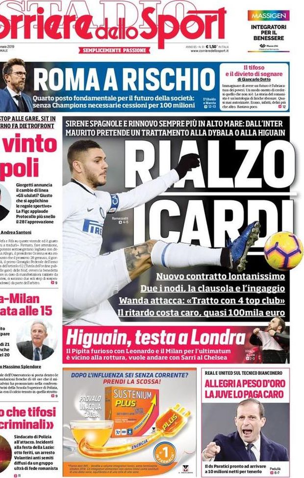 Prima Pagina, Corriere dello Sport: “Rialzo Icardi. Higuain, testa a Londra. Roma a rischio. Ha vinto Napoli…” Prima Pagina, Corriere dello Sport: “Rialzo Icardi. Higuain, testa a Londra. Roma a rischio. Ha vinto Napoli…”